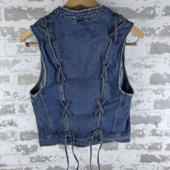 FREE PEOPLE Jean Vest Denim Lace Up Back Collarless Distressed 90s Y2K Women's S - Picture 3 of 8